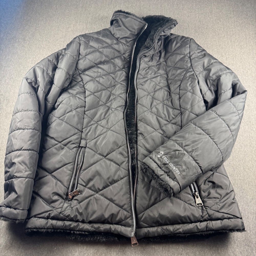 Free Country Womens Black Quilted Puffer Jacket Faux Fur Lined Size M